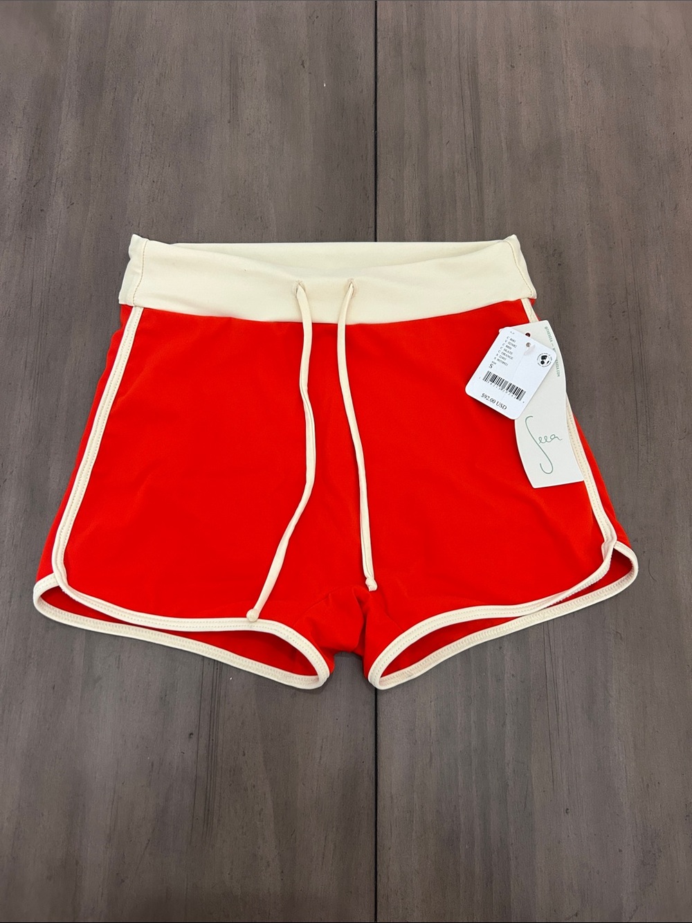 Seea Girls' Recycled Swimshorts Orange with Cream Trim Size S NWT Made in USA